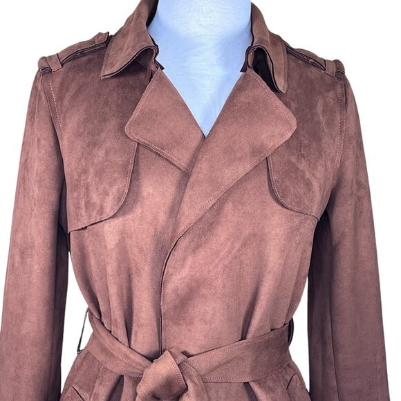 Magaschoni Women’s Chocolate Brown Faux Suede Belted Wrap Coat Size S EUC - Picture 2 of 15